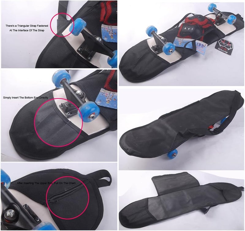 SquEqu Skateboard Bag Backpack 31'' Slim Foldable Nylon Skate Board Carry Bags with Gloves Pouch Portable Longboard Handy Storage Organizer with Adjustable Strap for Travel Outdoor Skating Skateboards - Image 4